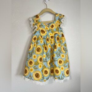 Cynthia Rowley Girls Sunflower Print Dress With Lace Sleeves & Hem Cotton Blend